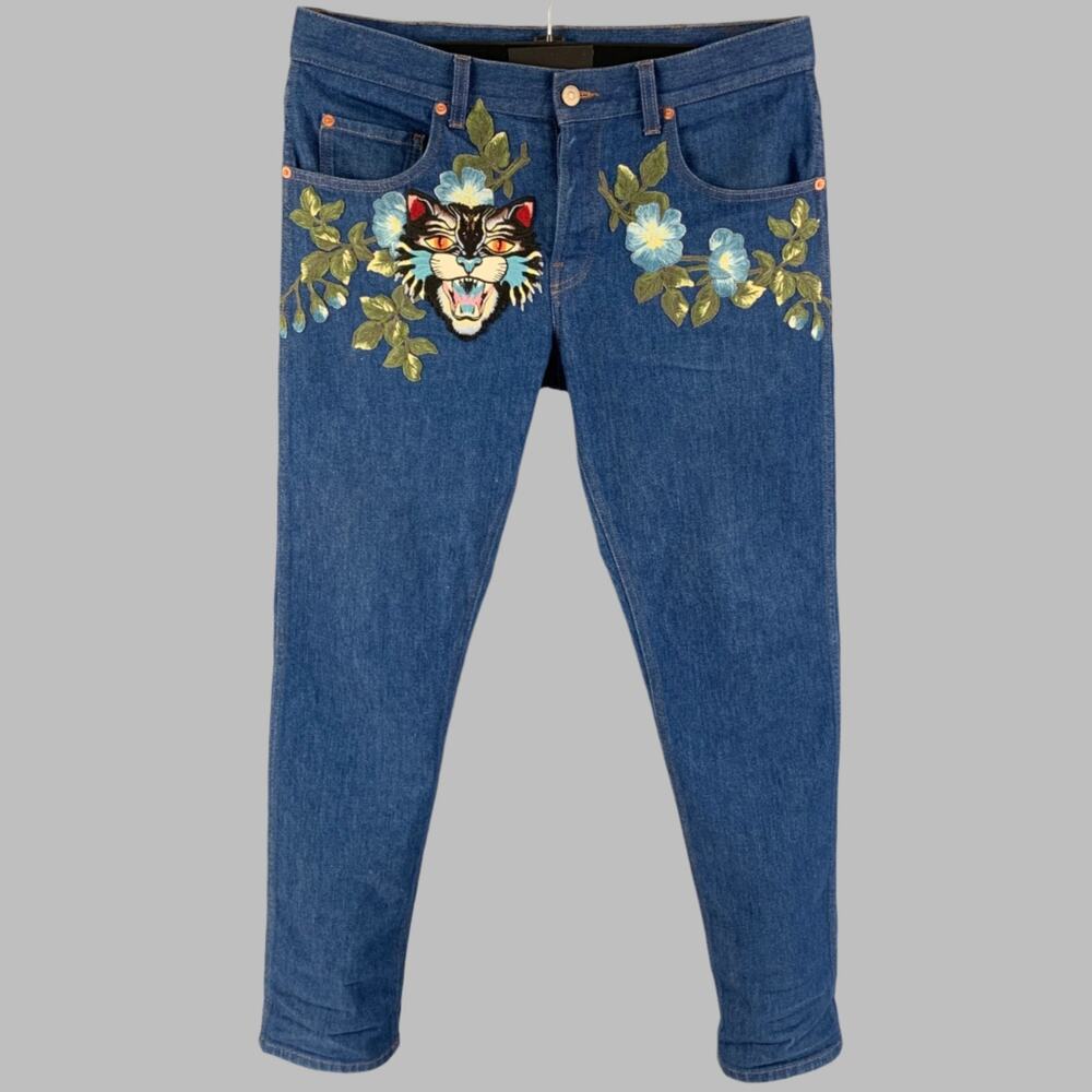 GUCCI Size 34 Blue Multi-Color Embroidery Denim Straight Jeans